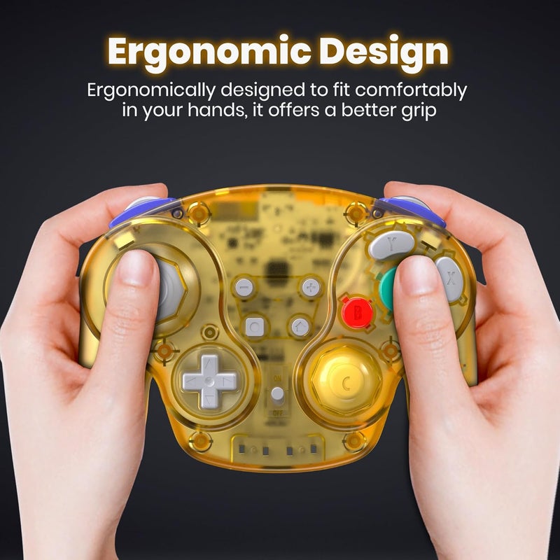 SAFFUN 2.4 GHz Wireless GameCube Switch Pro Controller, for NGC GameCube Console, Switch/Switch OLED, PC, Steam Deck (Built-in Rumble) (Rechargeable) (Plug and Play) Clear Yellow - Image 5
